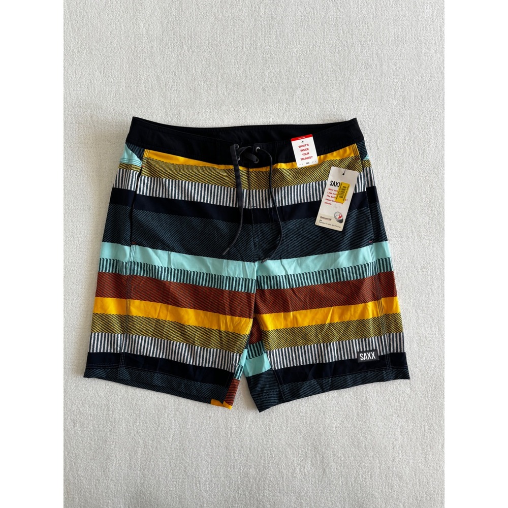 NWT Saxx Betawave 2N1 Boardie Swim Trunks Men 32 Multi Striped 19" Boardshorts